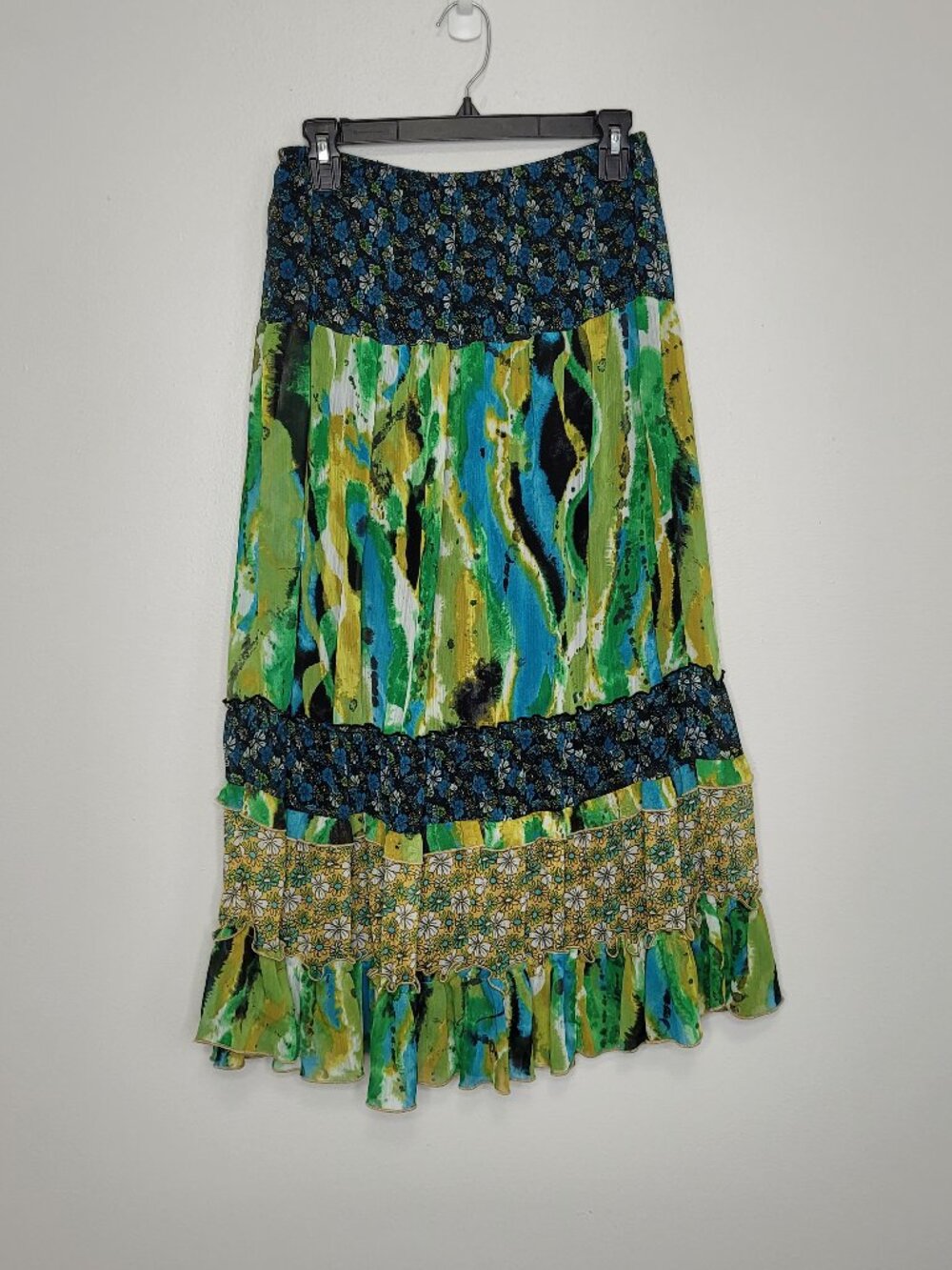 Vintage Notations green blue mixed print cottage quirky forest full skirt M